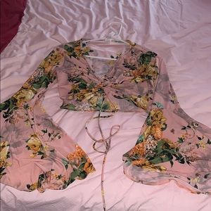 Pink floral crop top with flare sleeves